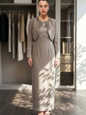 Jovani New York Beaded 2-Piece Evening Gown and Bolero Jacket Set, Taupe